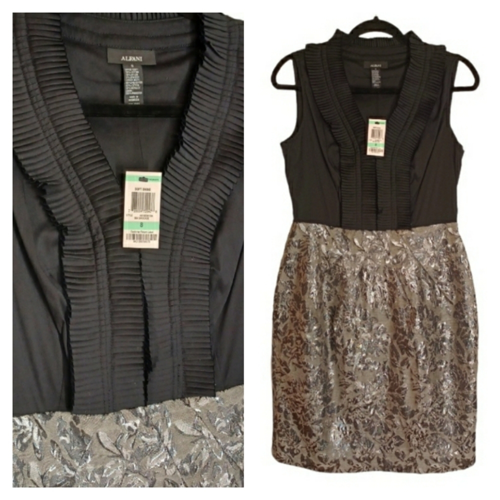 ALFANI Black Pleated Ruffle Neckline Sleeveless Gray Metallic Brocade Dress NWT